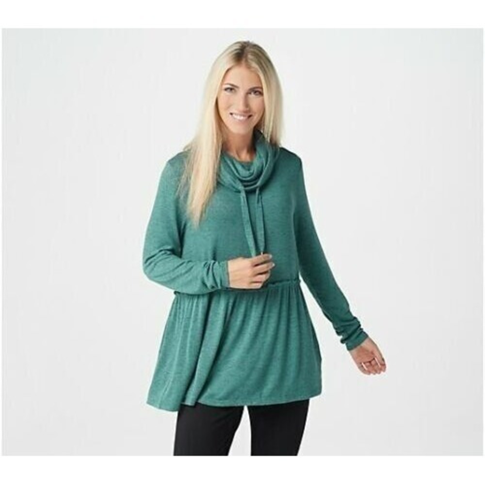 AnyBody Womens Hacci Peplum Tunic Top Size 1X Green Brushed Cowl Neck Loungewear - Picture 2 of 9